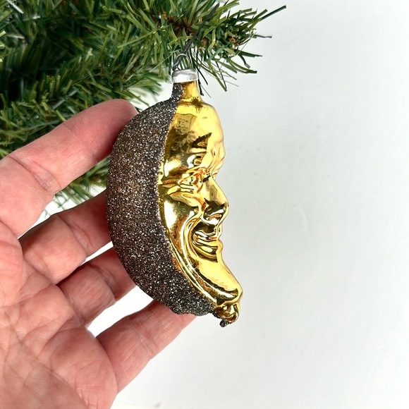 Blown Glass Christmas Ornament Shimmering Crescent Moon Face Gold Germany Vtg - Picture 3 of 8